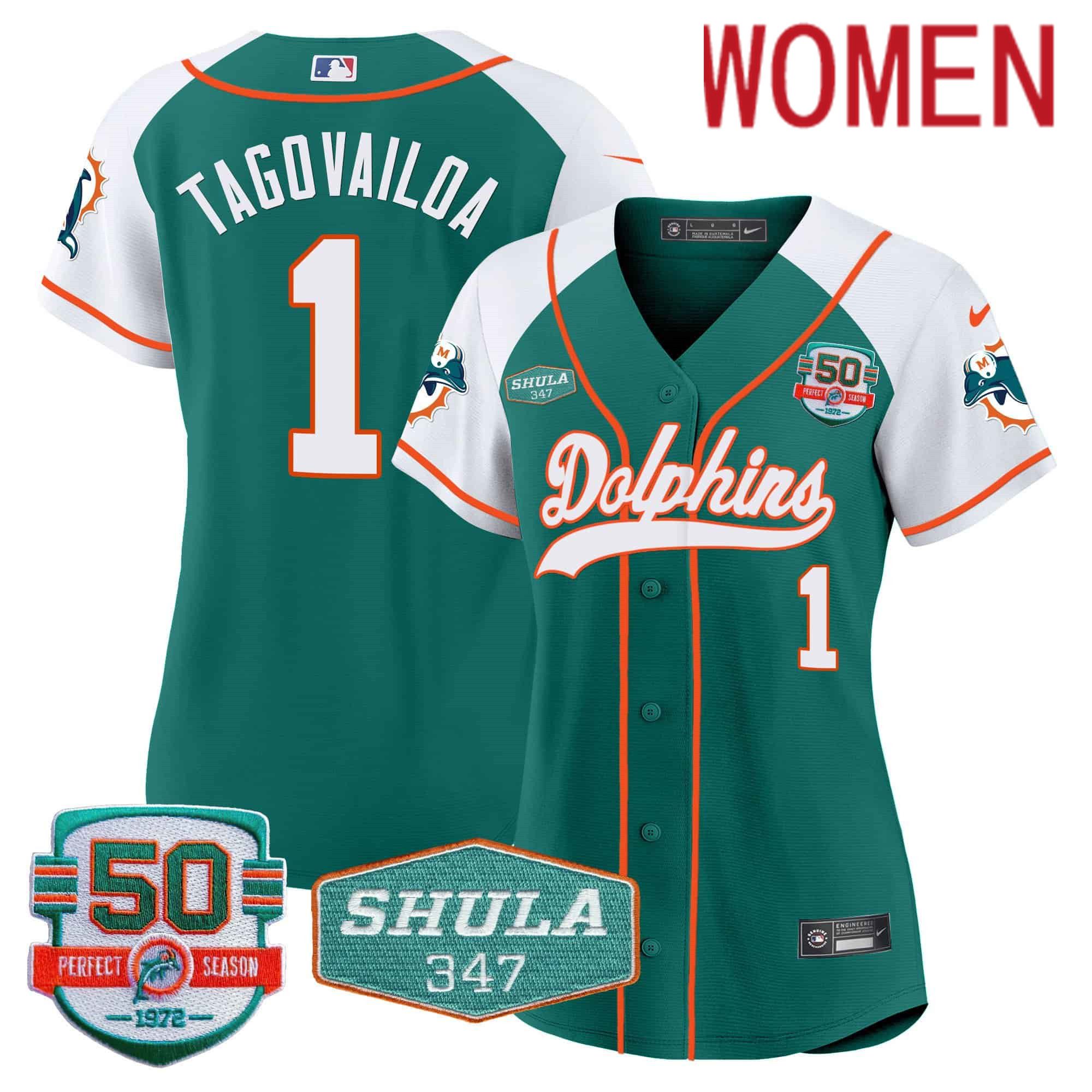Women Miami Dolphins #1 Tagovailoa Green 2024 Nike 50th Don Shula Memorial Patch Baseball NFL Jersey